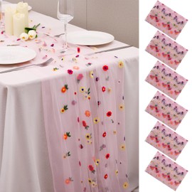 6pcs Pink Daisy Fall Table Runner Embroidery Gauze 10FT Florals Seasonal Tulle Holiday Birthday Kitchen Dining Table Decor for Home Party