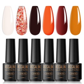 ROSALIND Semi-Permanent Nail Polish, 6 Colors Mini Semi-Permanent Nail Polish White Brown Orange Red UV/LED Gel Nail Polish Kit Nail Polish Manicure Valentine's Day Gift