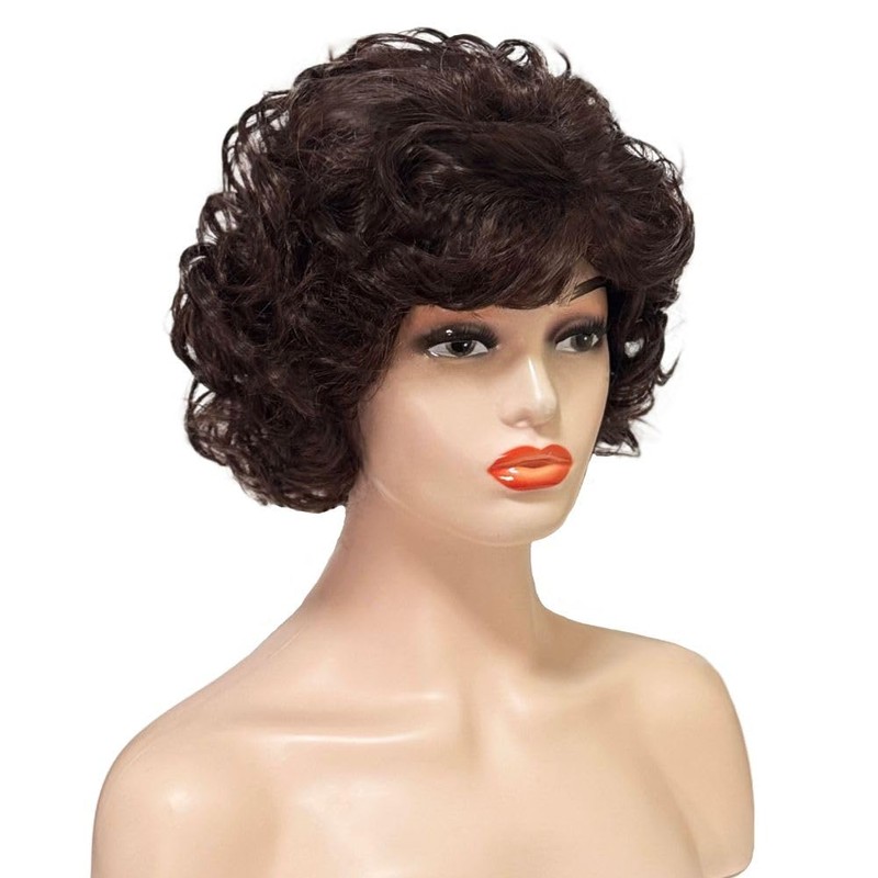 Short Brown Curly Wig for Women Dark Brown Length Shoudler