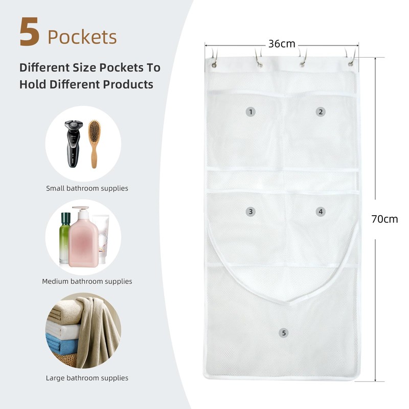 EMLTHORY Hanging Mesh Pockets, Mesh Shower Caddy Hanging Shower Curtain