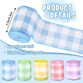 AnyDesign Spring Wired Edge Ribbon 30 Yards Pastel Buffalo Plaids Craft Ribbon Light Blue Yellow Pink Purple Green Decorative Fabric Ribbon for Easter Wreath Bow Making DIY Crafts Wrapping, 5 Roll