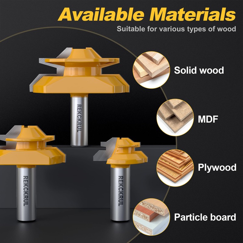 REKCKRUL 3 PCS Professional 45 Degree Lock Miter Router Bit