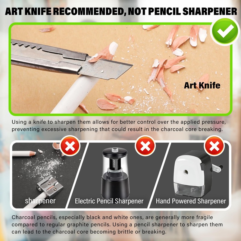 KALOUR White Charcoal Pencils Drawing Set, Professional 6 Pieces White