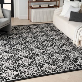 Nourison Aloha Indoor-Outdoor Black White 7'10" x 10'6" Area Rug, Easy Cleaning, Non Shedding, Bed Room, Living Room, Dining Room, Kitchen (8x11)