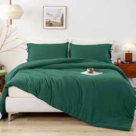 BOHOPOPM Super Soft Double Queen Size Comforter Set, 3 Piece Cozy Comfy Polycotton 1 Fluffy Comforter & 2 Pillow case - Down Alternative Blanket Bedding Set for All Season Forest Emerald Hunter Green