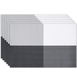Placemats Set of 6 Washable Indoor/Outdoor Vinyl Place Mats for Dining Table Durable Non-Slip Heat Resistant PVC Weave Table Mats(Black White)