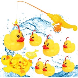 ChAusa Pack of 10 Fishing Game Bath Toy, Wind-Up Bath Toy Duck Fishing, Fish Fishing Game with Fishing Net, Fishing Rods, Small Duck Pond Toy from 1 Year Baby Toy