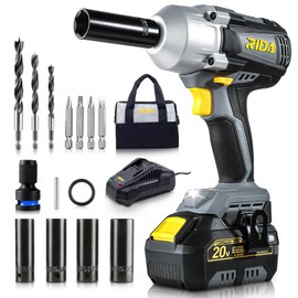 RIDA Cordless Impact Wrench, 1/2 Brushless Impact Gun w/ 3 Torque Options 450 Ft-lbs (610N.m), Power Impact Driver for Car Home w/ 4.0Ah Battery, Fast Charger, 4 Sockets, 7 Drill Bits & Tool Bag
