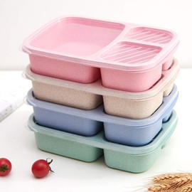 TIMESETL 4 Pack Meal Prep Containers with Custom-Fit Lids, 3-Compartment Meal Prep Wheat Straw Bento Boxes, Food Storage Containers Lunch Containers with Compartments for Kids Adults