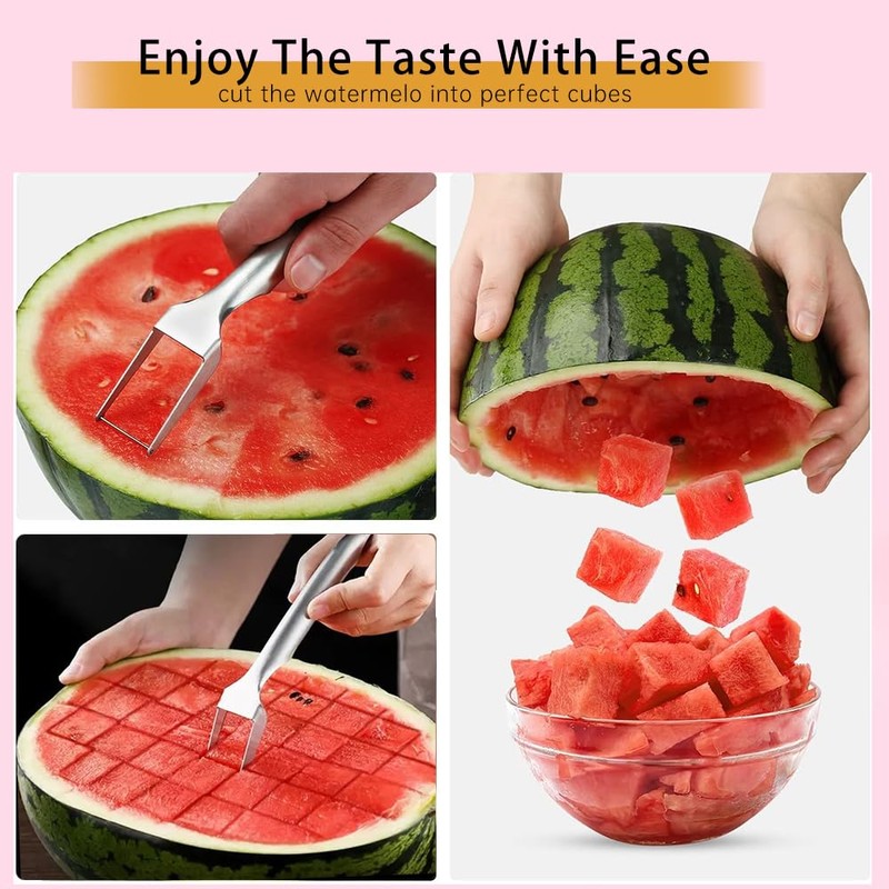 Watermelon Fork Slicer Cutter, Stainless Steel 2-in-1, Portable Watermelon Fork