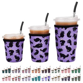 Cavllson 3 Pack Reusable Insulated Neoprene Iced Coffee Sleeves & Coffee Cup Holder, Universal Fit 16-32oz Cups for Hot/Cold Beverages - Black Cat-3 Pack