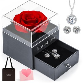 Elekin Eternal Real Rose with Necklace Earrings Preserved Rose Flowers Jewellery Gift Box for Valentine's Day Mother's Day Wedding Anniversary Birthday Gift for Her Women Girlfriend Wife