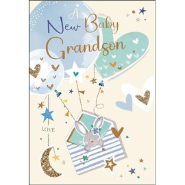 New Baby Grandson Congratulations Card - Bunny Rabbit and Balloons - Special Finishes and Illustrated Insert Leaf - Made in the UK