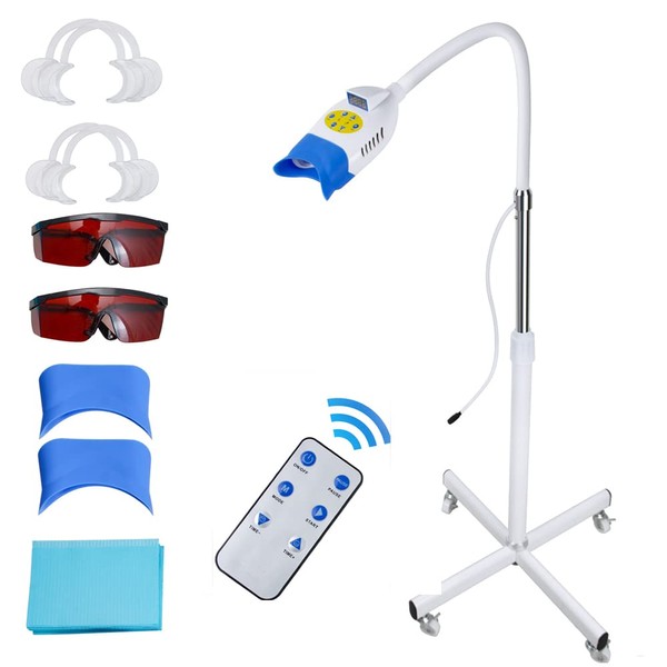 Remote Control Mobile Teeth Whitening Lamp 36W 10 LED Dental LED Teeth Whitening Accelerator 3 Colors Blue/Purple/Red Light Teeth Whitener Bleaching System with Mouth Opener/Goggles/Bibs 110V