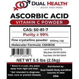 Dual Health Body & Mind Ascorbic Acid (Vitamin C) Powder – 1000 mg per Serving – Pure Fine Crystals – Non-GMO – 5.5 lbs (2.5 kg)