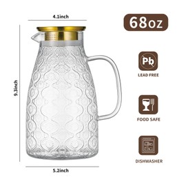 Buaic Glass Pitcher with Lid and Handle, 2 PACK 68 oz/2 Liter Vintage Flower Design Fridge Water Pitcher, Borosilicate Glass Water Carafe for Hot/Cold Water,Coffee,Iced Sun Tea,Heat Resistant