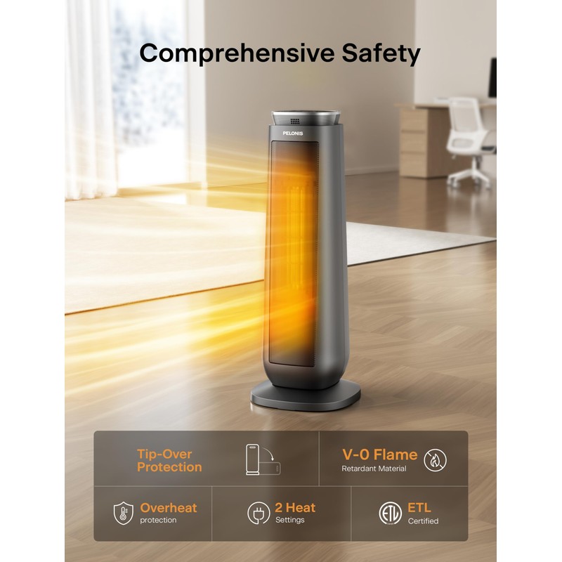 PELONIS PTH15A4BGB Ceramic Tower 1500W Indoor Space Heater with Oscillation,