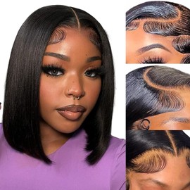 Besteffie Bob Wig Human Hair Glueless Wigs Human Hair 13x4 HD Lace Front Wigs Pre Plucked Pre Cut 180% Density Short Straight Bob Wigs for Black Women 10 Inch
