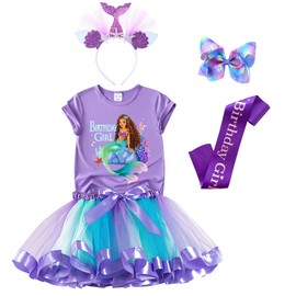 Mermaid Birthday Outfit Set – Shirt, Rainbow Tutu Dress, Satin Sash, Headband – Birthday Gifts for Girls Costume (Mermaid 10, 4-5T)