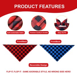 WoffBow Buffalo Plaid Dog Bandanas 2 Pack for Small Medium Dogs 9-14" Neck - Double Layer Reversible Red & Blue Scarf, Farmhouse Pet Gift