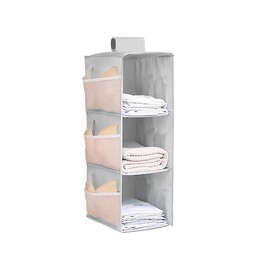 XiXiRan Hanging Shelf Wardrobe, 3 Compartments Hanging Organiser Cupboard, with 9 Mesh Side Pockets for Family Cupboard, Bedroom, Foldable and Universal Fit, 30 x 22.5 x 60 cm (Grey, Three Layers)
