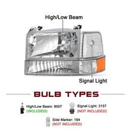 JSBOYAT 6pcs Headlight Assembly Replacement w/Bulbs for 1992 to 1996 Ford F150 / Bronco 1992-1997 F250 F350 Super Duty with Bumper Corner Lights Set (Chrome Housing with Amber Reflector)