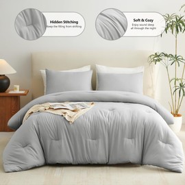 CozyLux Light Grey Comforter Set King Size, 3 Pieces Solid Breathable Quilted Style Bedding Sets, Light Gray Luxury Fluffy Bed Set Soft Microfiber Comforter All Season (1 Comforter & 2 Pillowcases)