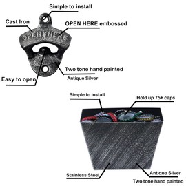 Luwanburg Cast Iron Bottle Opener Wall Mounted Beer Top Opener with Cap Catcher Post Mounted Antique Silver