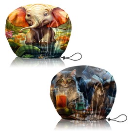 Deokke Duschhaube, 2 Stück wasserdichte Doppelschicht wiederverwendbar shower cap, verstellbar, elastisch, ästhetisch, niedlich Duschhaube für Damen (Q6-Elefant, Katze)
