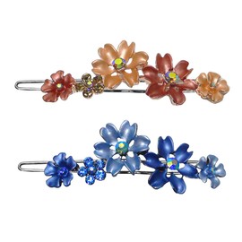 Set of 2 Flower Barrettes In Lovely Colors Equipped with Snap-on Clip for Thin Hair YY86400-11-2peach-blue