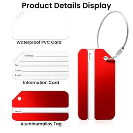 GALAMAX 6 Pcs Luggage Tags for Suitcases, Metal Luggage Labels with Steel Loop and Waterproof Name ID Card, Aluminium Bag Tags for Luggage Suitcase Identifier, Secure Travel Labels for luggage - Red