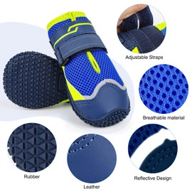 Illumifun Dog Shoes for Hot Pavement, 4 Pack Waterproof Anti-Slip Dog Shoes, Breathable Summer Paw Protectors, Reflective Outdoor Dog Booties with Soft Proof Sole& Lining (Blue, #3)