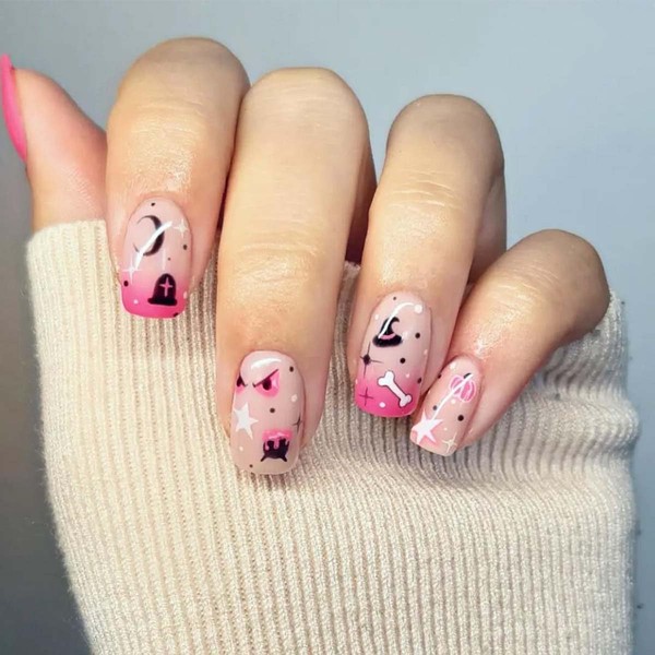 Halloween Press On Nails Short Square Fake Nails Pumpkin With