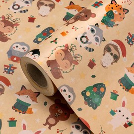 WRAPAHOLIC Kraft Animal Christmas Wrapping Paper - Mini Roll - 17 Inch x 16.5 Feet - Adorable Cartoon Animal Wrapping Paper for Christmas, Holiday, Party Celebration