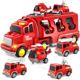 BLmukce 5-in-1 Fire Car Truck Set with Realistic Light & Sound, Toddler Trucks Toys for Boys Girls 3 4 5 6 Years Old, Carrier Transport Trucks for Kids 3-5, Christmas Birthday Gift for Toddlers 1-3