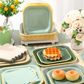 Zhehao 150 Piece Sage Green Plates and Napkins Includes 50 Each of 7" and 9" Gradient Green Square Paper Plates, 50 Scalloped Napkins for Baby Showers, Weddings, Birthday Parties Decorations