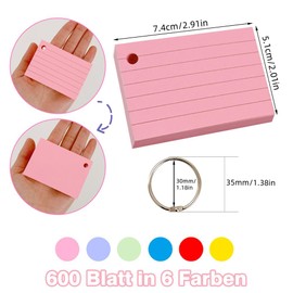 Index Cards A8 Lined Index Cards, 600 Pieces Vocabulary Cards, Colourful with 10 Binder Rings, 150 g/m² Lined Index Cards for Office, School, Home