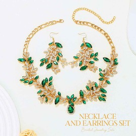 Fashband Rhinestone Jewelry Set Gold Pearl Bridal Wedding Necklace Crystal Earring Sets Party Prom Accessories for Women (Green)