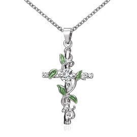 Faruodis Crystal Cross Pendant Necklace Vintage Intertwined Vines Leaf Necklace Rhinestone Crucifix Religious Christian Prayer Jewellery for Women Men Women, Metal Rhinestone