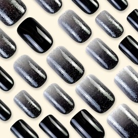 Black Press on Nails Short Square Fake Nails with Design Glitter Glue on Nails Ombre False Nails White Black Gradient Glue on Nails Reusable Acrylic Nails Press ons for Women Girls Manicure 24pcs…