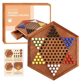 Wooden Chinese Checkers with Drawers 12 Bonus Spare Marbles| Natural Wooden Board Game| Includes 60 Colorful Acrylic Marbles | Family Board Game for Kids and Adults(12.7 Inches)