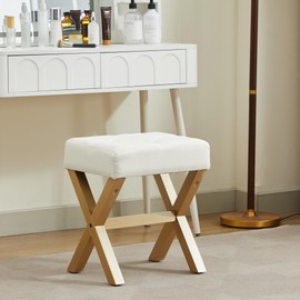 LVHOMLAX Square Makeup Stools,Fabric Small Ottoman Seat Solidwood X-Leg,18''-Vanity Stool of No Metal Rivets,Modern Padded Multi-Use for Bedroom,Makeup Room,Living Room,Snow White+Champagne Golden
