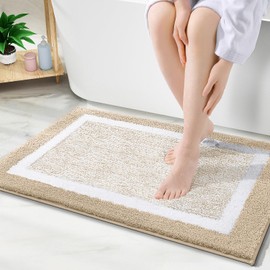 Kitinjoy Bath mat, Extra Soft and Absorbent Microfiber Bathroom Mat, Non-Slip, Machine Washable, Quick Dry Shaggy Bath Rug, Suitable for Bathroom Floor, Tub, Shower (Beige and White, 30 x 20 Inches)