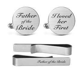 MUEEU Father of The Bride Cufflinks I Loved Her First Cuff Links Engraved Anniversary Wedding Party Cufflinks & Tie Clip Bar Tacks (Round I Loved her First Cufflinks Set)