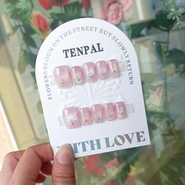 TENPAL Cat Eye Press on Nails Short Square Pink Nails Sparkling Cherry Blossoms Designs Glue on Nails Short Glitter Fake Nails Full Cover Square False Nails with Designs Stick on Nails for Women(M)