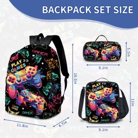 Gaming Kids Backpack for School Boys, 3PCS Game Teen Boy Backpack with Lunch Box & Pencil Pouch Set, Shoulders Travel Daypack Lightweight Gamer School Bag Bookbag Set for Kindergarten Primary Middle