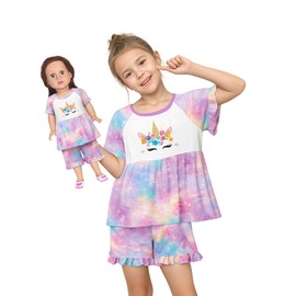 LQSZ Matching Girls & Doll Summer Pajamas Set for Toddler Girls Short Sleeves Cute Sleepwear for Kids 18inch Dolls Tie Die Unicorn 6-7 Years