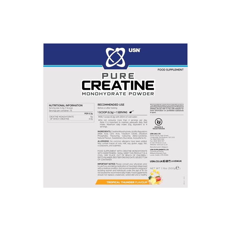 USN Micronised Creatine Powder 500g (79 Servings): Tropical Thunder Flavour,