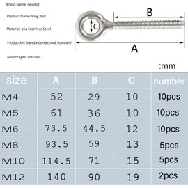 newlng M10 Eye Bolts 304 Stainless Steel Ring Bolts Heavy Duty Welded Closed Screw Rod Eye Screw Bolts Corrosion Resistant 5piece