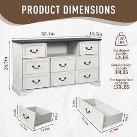 Farmhouse 8 Drawer Dresser, Wood Wide Chest Dresser for Bedroom, Vintage Style Large Storage Dressers Chests of 8 Drawers with Deep Drawers and Metal Handle